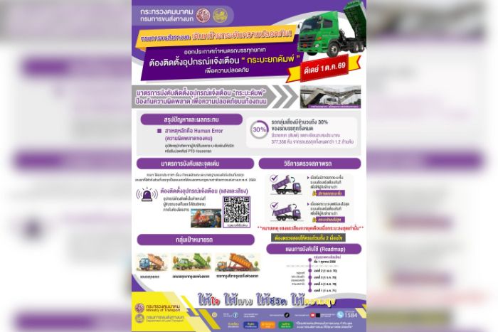 กรมการขนส่งทางบก เดินหน้ายกระดับความปลอดภัย! ออกประกาศกำหนดรถบรรทุกยกเท ต้องติดตั้งอุปกรณ์แจ้งเตือน “กระบะยกดัมพ์” เพื่อความปลอดภัย ดีเดย์ 1 ต.ค. 69